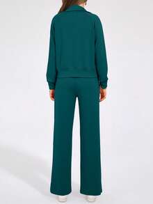 Women's 2 Piece Outfits Casual Lapel Half Zip Sweatshirts And Wide Leg Pants Tracksuit Sets - 藍綠色 - 查看 2