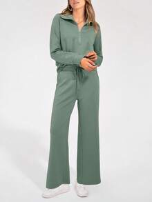 Women's 2 Piece Outfits Casual Lapel Half Zip Sweatshirts And Wide Leg Pants Tracksuit Sets - xám xanh - Xem 3