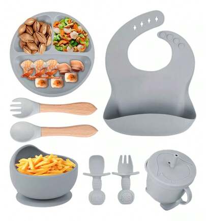 11 pcs Platos Para Bebés De Silicona Con Tazón Cuchara Tenedor Babe Silicona de calidad alimentaria