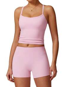 Two Piece Workout Sets Women Top Matching High Waist Lifting Shorts Gym Wear Outfits - 撞色粉紅色 - 查看 2