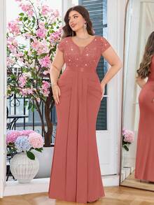 Plus Deep V-Neck Sequin Lace Contrast Ruched Draped Front Mermaid Hem Evening Party Formal Dress - Dusty Pink - View 5