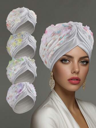 1pc Fashion Women's Headscarf Hat Double Side Mesh Sequin Embroidery Flower Design Muslim Suitable For Daily Wear