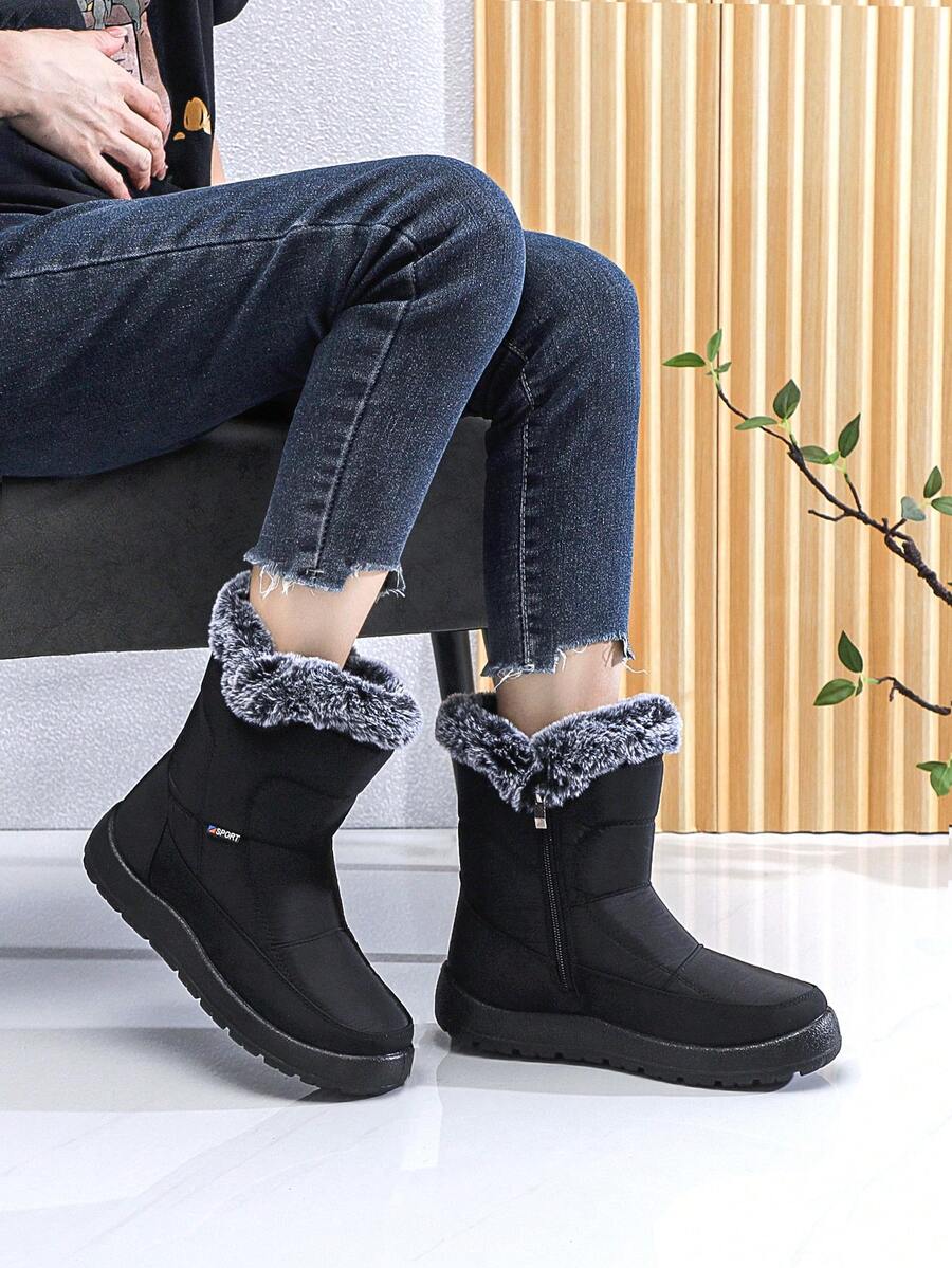 Botas curtas femininas, pretas lisas, estilo esportivo unissex, casual para uso urbano, zíper lateral, acabamento felpudo, forro térmico, quentes, adequadas para uso casual, festa, escritório, atividades ao ar livre, férias, outono/inverno, à prova d'água