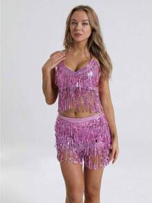 亮片流苏连衣裙套装 女装 两件套 露脐紧身吊带背心 包包 提臀迷你裙 闪亮流苏套装 万圣节 - 彩色 - 查看 32