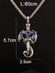 1pc Vintage Multi-Color Gemstone Dragon Sword Stainless Steel Pendant Necklace, Punk Style Unisex Couple Necklace For Daily Wear