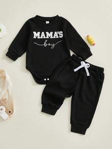 Newborn Baby Boys Outfit Waffle Knit Long Sleeve Mama's Boy Embroidery Sweatshirt Top Pants Set Infant Bodysuit Fall Winter Clothes - 黑色 - 查看 6