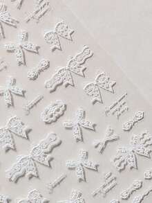 1片秋季新款白色/黑色蕾丝蝴蝶结美甲贴纸，可爱蝴蝶结美甲贴纸，白色/粉色3D自粘复古优雅蝴蝶结美甲设计用品，丝带蝴蝶结，女士DIY美甲装饰 - 彩色 - 查看 6