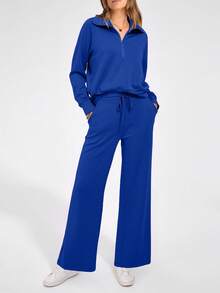 Women's 2 Piece Outfits Casual Lapel Half Zip Sweatshirts And Wide Leg Pants Tracksuit Sets - 寶藍色 - 查看 4