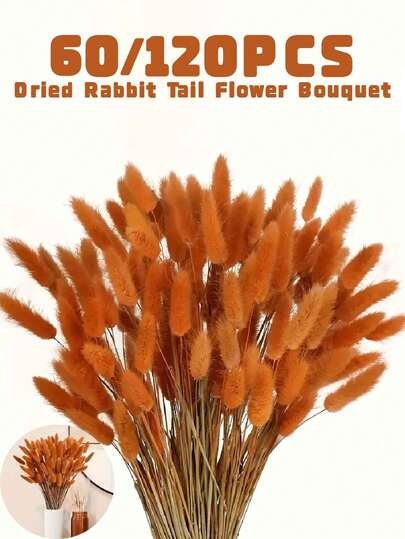 30/60/90pcs Dried Bunny Tails Flowers, Orange Lagurus Ovatus Tail Dried Flowers Pampas Grass, Dried Floral Arrangement For Boho Fall Decor, Autumn Wedding DIY Farmhouse Christmas Decor,Outdoor Decoration,Fall Decor,Autumn