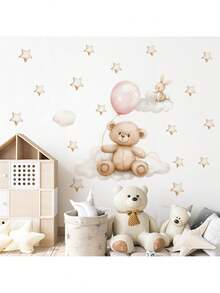 1pc Cute Teddy Bear Wall Decals With Balloons - Cloud And Star Nursery Decor, Removable Vinyl Kids Room Stickers & Balloon Wall Stickers - Multicolor - View 10
