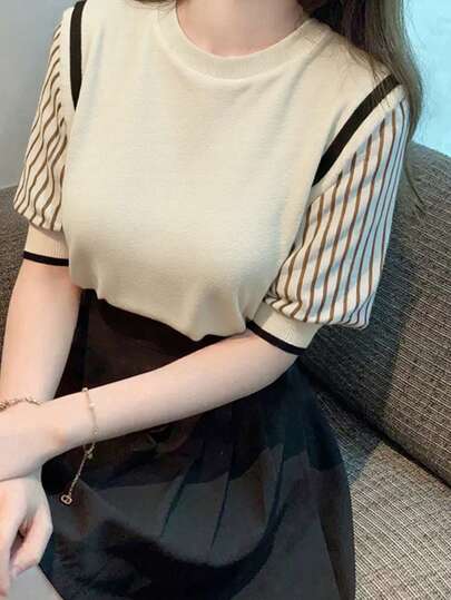 Áo thun tay ngắn dệt kim kẻ sọc thời trang dành cho nữ, Bộ sưu tập mùa hè mới