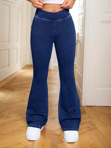 女童休闲蓝色喇叭裤，修身剪裁，非牛仔面料，轻盈透气，百搭日常穿着 - 藍色 - 查看 4