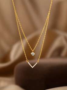 1 件闪亮双层 V 形吊坠项链，适合女士，时尚个性化奢华风格精致颈链，适合日常佩戴和节日礼物 - 金色 - 查看 5