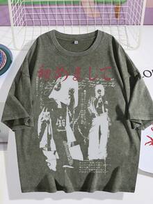 EWH American Street Men, Japanese Text T-Shirt, Loose Oversized Print, Hip-Hop Style Short Sleeved ShirtDG004