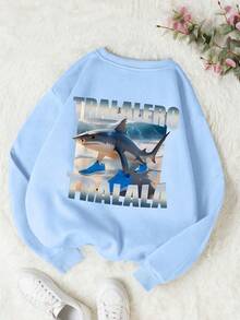 Tween Boys Casual Ocean Style Shark Pattern Round Neck Long Sleeve Sweatshirt Autumn And Winter Student Boys Clothes