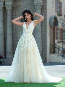ANGELAG Elegant Deep V-Neck Backless Lace Embroidered Sleeveless Wedding Dress - Rice Skin - View 6