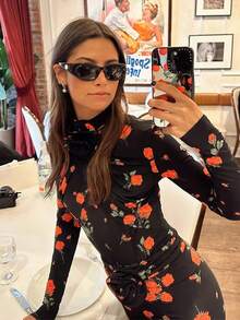 Damen Rosenbedruckte Bodysuit-Hosen-Sets Weibliche Blumen Hoher Kragen Lange Ärmel Wickelleggings Sexy High Street Fashion Hosenanzüge - Spitze - Übersicht 4