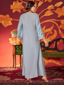 Women's Round Neck Embroidered Elegant Bubble Pearl Everyday Arabian Dress - Sky Blue - View 3