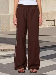 Women Wide Leg Pants Casual Side Stripe Elastic Waist Loose Trousers For Work Office Streetwear - 咖啡棕 - 查看 5