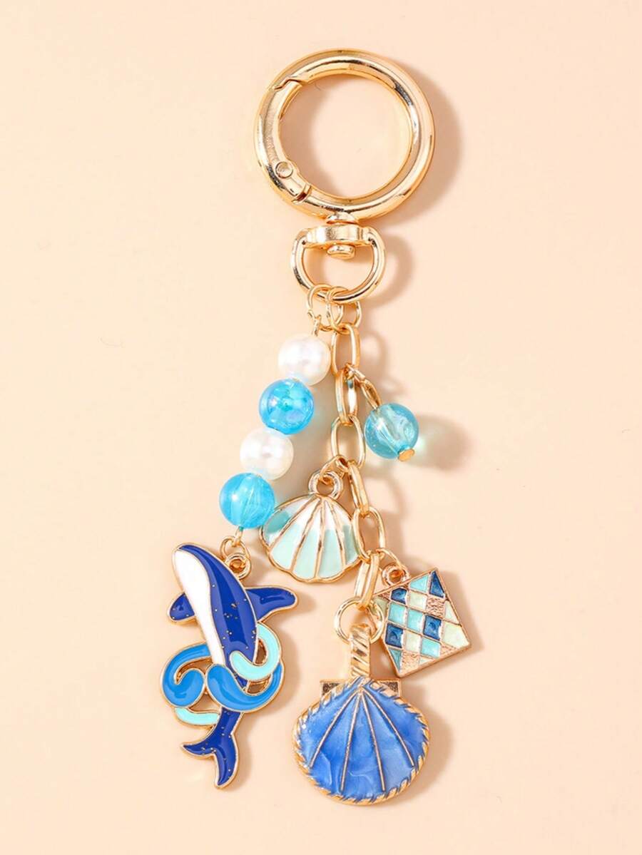 1pc Unisex Alloy Shell & Shark Keychain Pendant Beach Beaded Series Gift For Friends Key Chain Accessory Car Accessories For Women Keychain For Bag - Blue - View 1