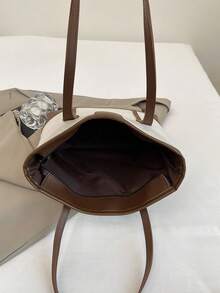 1 件棕色针织面料顺滑拉链时尚休闲拼布 2025 春夏新款小众大容量单肩托特包，适合女性日常使用 - 棕色 - 查看 8