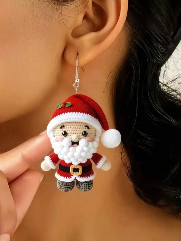 1 Pair Knitted Acrylic Christmas Santa Claus Shaped Earrings For Women, Suitable For Holidays, Parties, And Everyday Wear