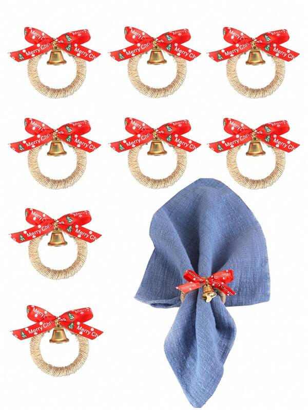 1/4/6pcs Christmas Bell Wreath Napkin Rings, Suitable For Christmas Table Decoration Napkin Holders, Christmas Pine Cone Wreath Napkin Clips, Bow Bell Napkin Holders, Christmas Party Napkin Rings