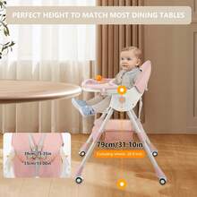 OYAJIA Baby High Chair 3 In 1 Highchair Adjustable Height 3 Positions Rocking Seat Convertible High-Chair Portable RockingChair Foldable Baby Dining Chair With Removable Tray Pink - 粉色 - 查看 6