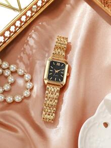 1 pieza Reloj de pulsera de cuarzo con esfera cuadrada casual y elegante para mujer, con correa de acero, estilo de moda (Caja del reloj no incluida) - Dorado - Ver 6