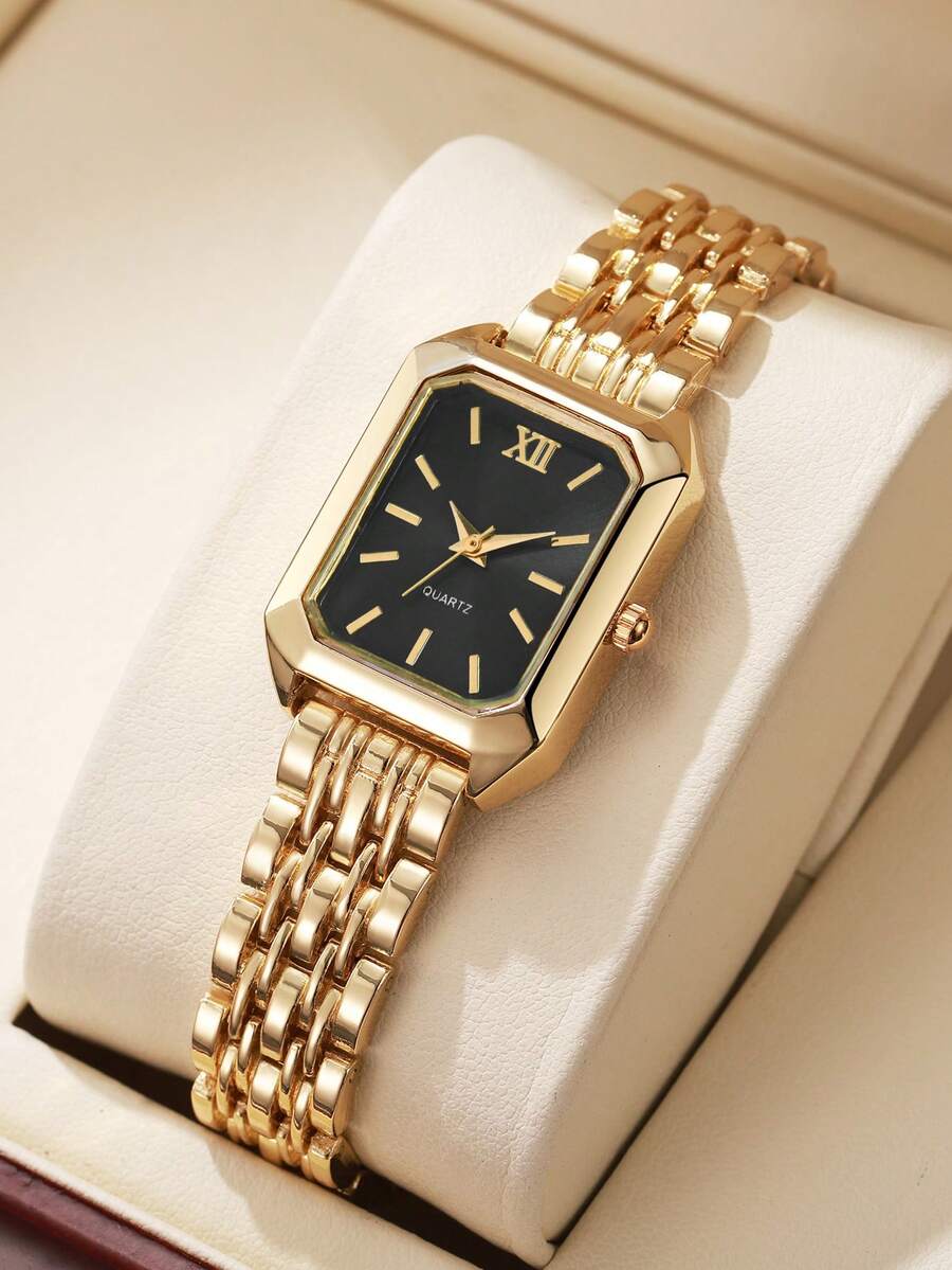 1 pieza Reloj de pulsera de cuarzo con esfera cuadrada casual y elegante para mujer, con correa de acero, estilo de moda (Caja del reloj no incluida) - Dorado - Ver 1