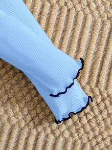 Girls Casual Elegant White Knitted Long Sleeve Top And Flared Pants Set. Refined And Minimalist White Design With Bow Accent, Flare Leg Silhouette, Comfortable And Clean Yet Graceful. Suitable For Daily Wear And Outings, Spring/Autumn - Blue - View 5