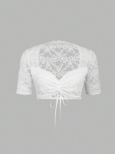 ii Plus Size Traditional Bavarian Oktoberfest Blouse Lace Short Sleeve Heart Neck Crop Top For Women, Halloween