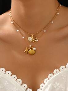 1 Set Ozean-Elemente-Stil weiße Kunststoff-Perlenkette mit Edelstahl-Muschel- und Seestern-Anhänger, geeignet für den täglichen Gebrauch von Frauen oder den Strandurlaub