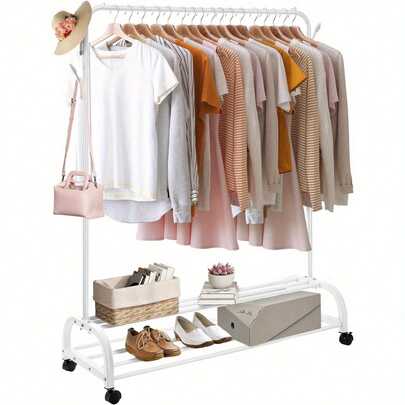Heavy Duty Clothes Rail For Bedroom, Double Tier Clothes Rail, Clothes Rail With Wheels, Bottom Shelf Freestanding White Clothes And Shoe Organizer