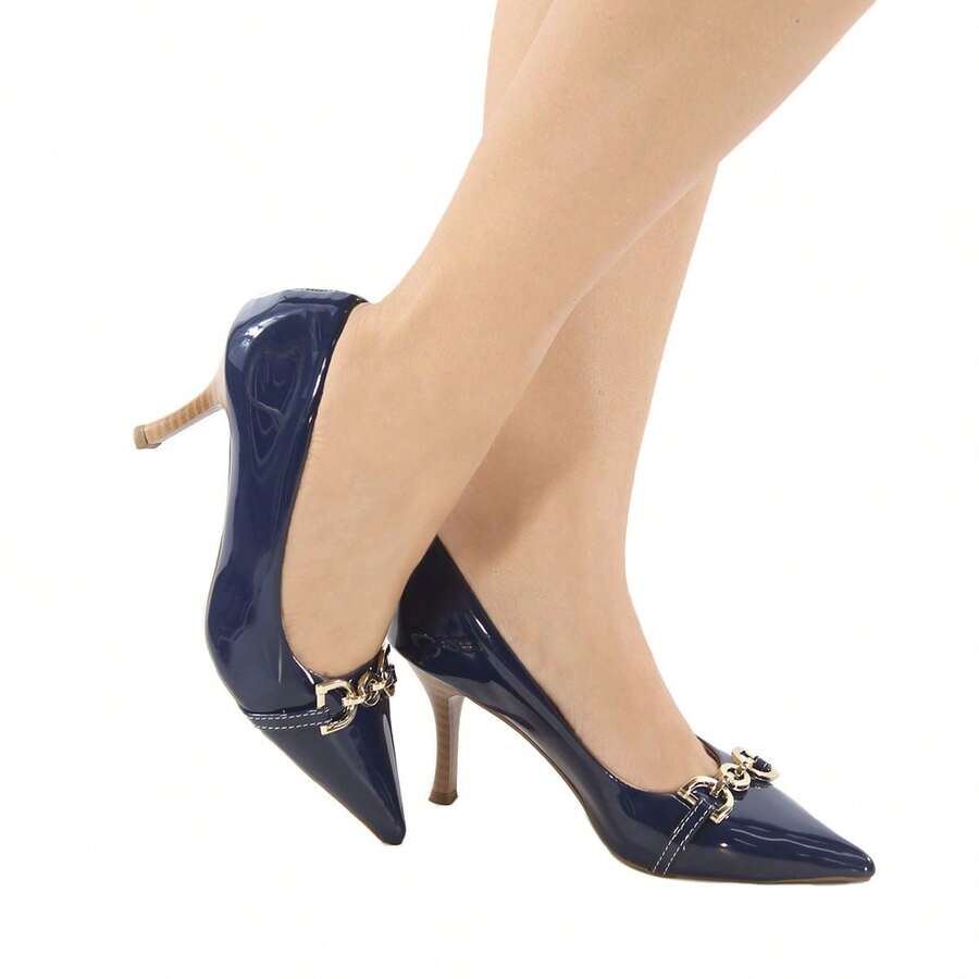 Women's Pointed Toe Pumps Black Patent Leather High Heel Stiletto Buckle Elegant Evangelical Fashion Social Party Work - 藏蓝色 - 查看 1