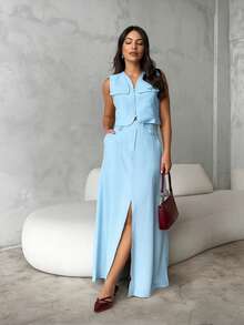 Women's Premium Tailored Set Modern Elegant Vest/Long Skirt With Front Slit /PARTY/EVANGELIA FASHION/SUMMER 2025 - 淺藍色 - 查看 1