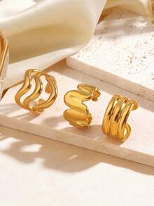 3 件套不锈钢 18K 镀金波浪线戒指，适合女性日常佩戴 - 彩色 - 查看 7