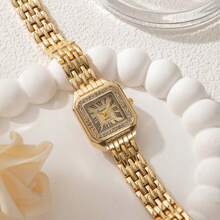 xinyunkou 韩式方形女士手表，不锈钢表带镶有水钻，浅蓝色小表盘，白色表盘，奢华小巧别致休闲手链表 - 金色 - 查看 2