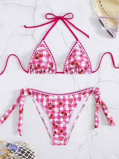 New Summer Women's Knot Tied Lace Flower Toothed Cute Cherry Printed Sexy Holiday Bikini Set