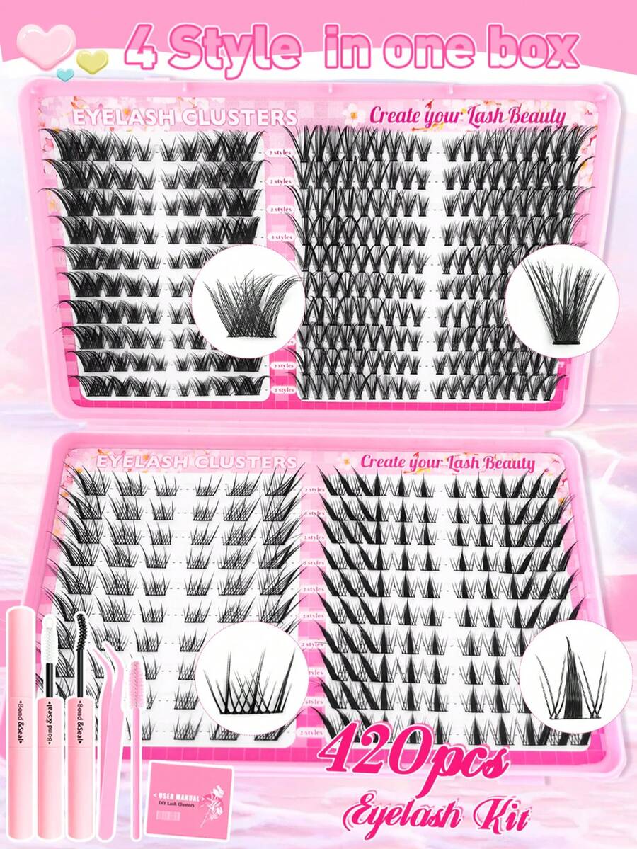 420 Peças Conjunto Misto de Cachos de Cílios - 4 Estilos em Uma Caixa, Olho de Gato, Olho de Raposa, Estilo Dramático Grosso, Reutilizável, Adequado para Festas, Palcos, Uso Diário ou Kit de Cachos de Extensão de Cílios, Cílios, Cílios Postiços, Cílios Falsos