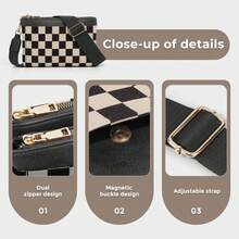 Checkered Portable Crossbody Bag, Small Square Shoulder Wallet, Lightweight Single-Shoulder Coin Purse, Stylish And Practical Accessory - màu đen - Xem 5