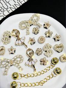 20 piezas Accesorios desmontables DIY de oso de strass, lazo, flor de nieve navideña para decorar zapatos, regalo perfecto para las fiestas - Dorado - Ver 6