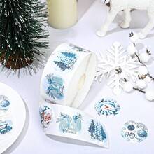 500pcs/Roll Merry Christmas Stickers, Watercolor Blue Christmas Tree, Santa Claus, Snowman Stickers, Self-Adhesive Christmas Christmas Decorations Christmas Pajamas Christmas Gifts Christmas Decor