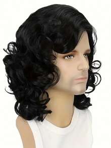 16英寸多功能中长黑色卷发假发，打造独特时尚造型的理想之选。这款耐热合成纤维假发适合日常聚会、父亲节等场合。 - 彩色 - 查看 8