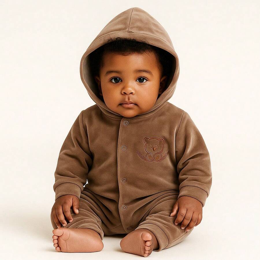 Super Soft And Comfortable Baby Plush Hooded Winter Romper - 鏽棕色 - 查看 1