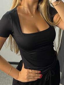 Kit Of 3 Basic Suplex Blouses, Square Neckline, Short Sleeve, Lined - HỒNG-TRẮNG-ĐEN - Xem 6