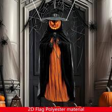 1pc Halloween Pumpkin Decoration Flag - 15.8x39.5 Inches Outdoor/Indoor Polyester Horror Decor With Skeleton Gauze And Witch Hat, No Power Needed, Suitable For Yard, Porch, Haunted House Entrance, Holiday Scene Display, Ghost Pattern Design, Easy To Hang Home Decor Halloween Decor Room Decor