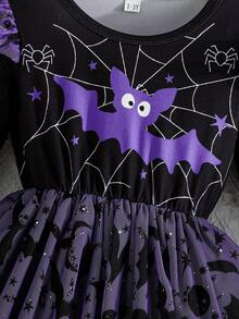 Halloween Costume Girls Bat Print Dress, Holiday Party Outfit Colorful Asymmetrical Mesh Dress For Girls - Purple - View 5