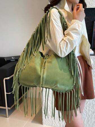 女士单肩托特包，复古休闲大容量腋下软皮流苏单肩包，
