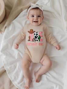 Baby Girl First Birthday Sweatshirt Romper 6-12 Months Long Sleeve Bodysuit Goose/Cowgirl Hat Letter Print Infant Girls Jumpsuit 1st Birthday Outfit 12-18 Months - Apricot - View 7